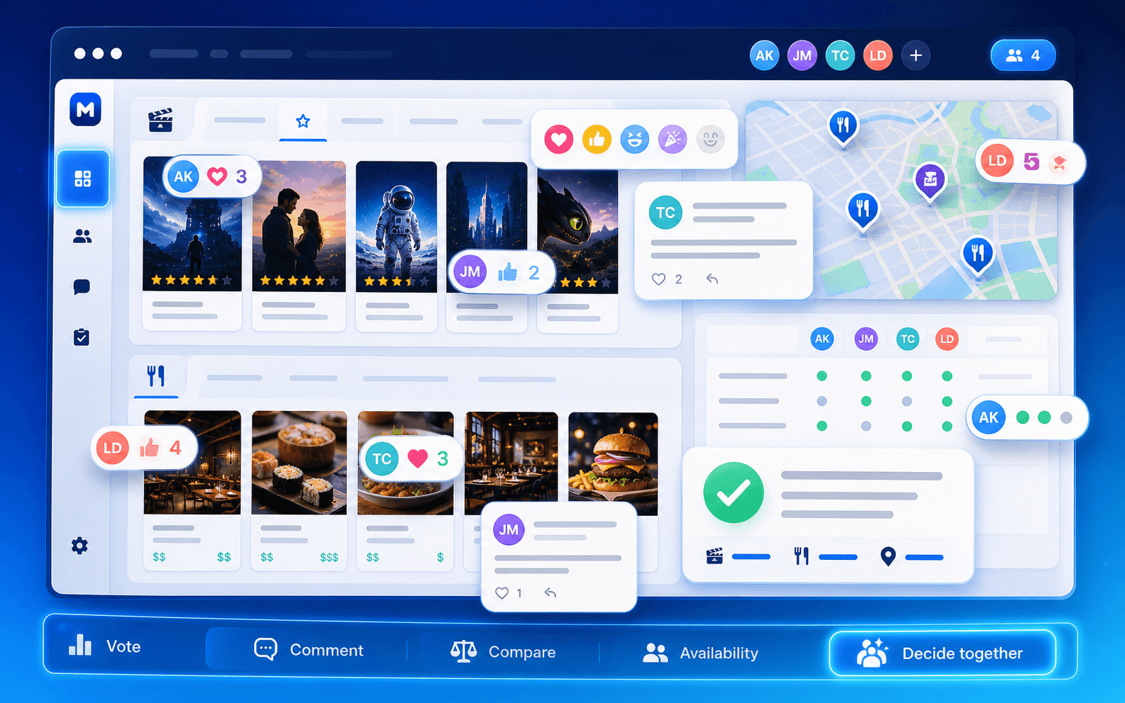 A Bubo interface with movie choices, restaurant choices, votes, comments, and availability.