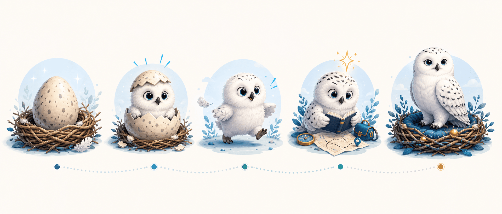 A five-stage Bubo learning progression: egg, hatchling, fluffy walking chick, skill learner, and adult owl in a nest.